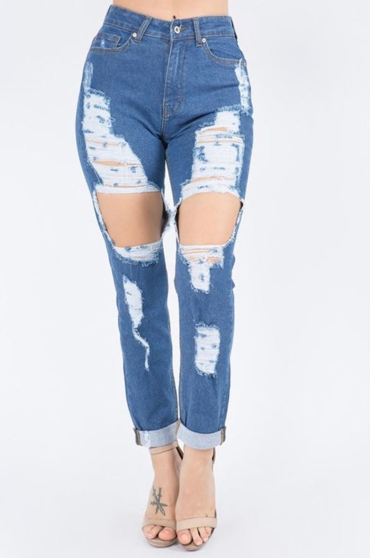 Distressed Relaxed Fit Jeans-Dark